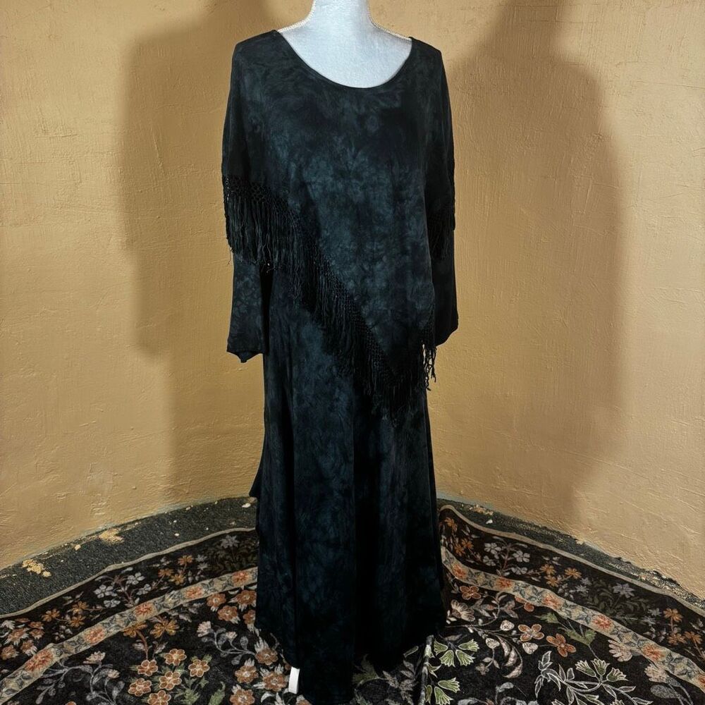 Vintage 90s Black & Teal Acid Wash Tie-Dye Fringe Maxi Dress – Macramé Fringe Di